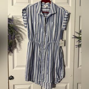 100% Cotton Blue and White Striped Button-Up Shirt